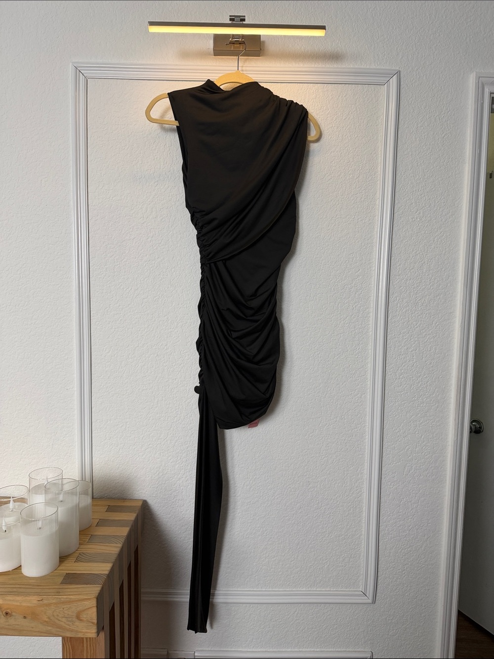 PrettyLittleThing Black Asymmetrical One-Shoulder Draped Dress with Sash